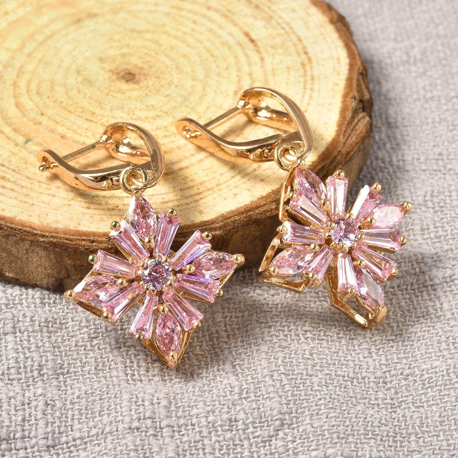Pink Cubic Zirconia Earrings for Women in Gold Tone - Flower Floral Drop Dangle Earrings for Women Fashion Jewelry Christmas Gifts for Women - Image 3