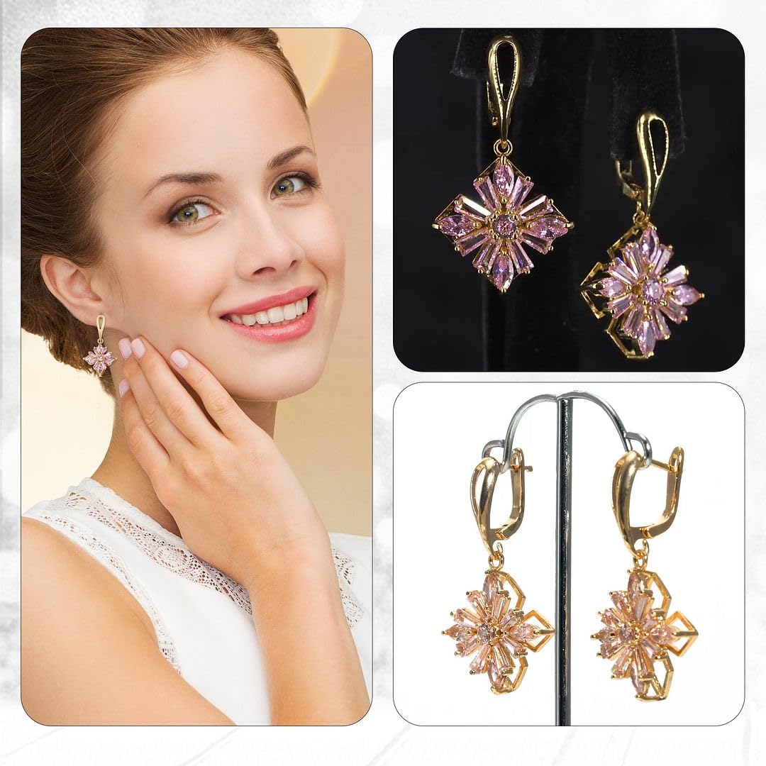 Pink Cubic Zirconia Earrings for Women in Gold Tone - Flower Floral Drop Dangle Earrings for Women Fashion Jewelry Christmas Gifts for Women - Image 5