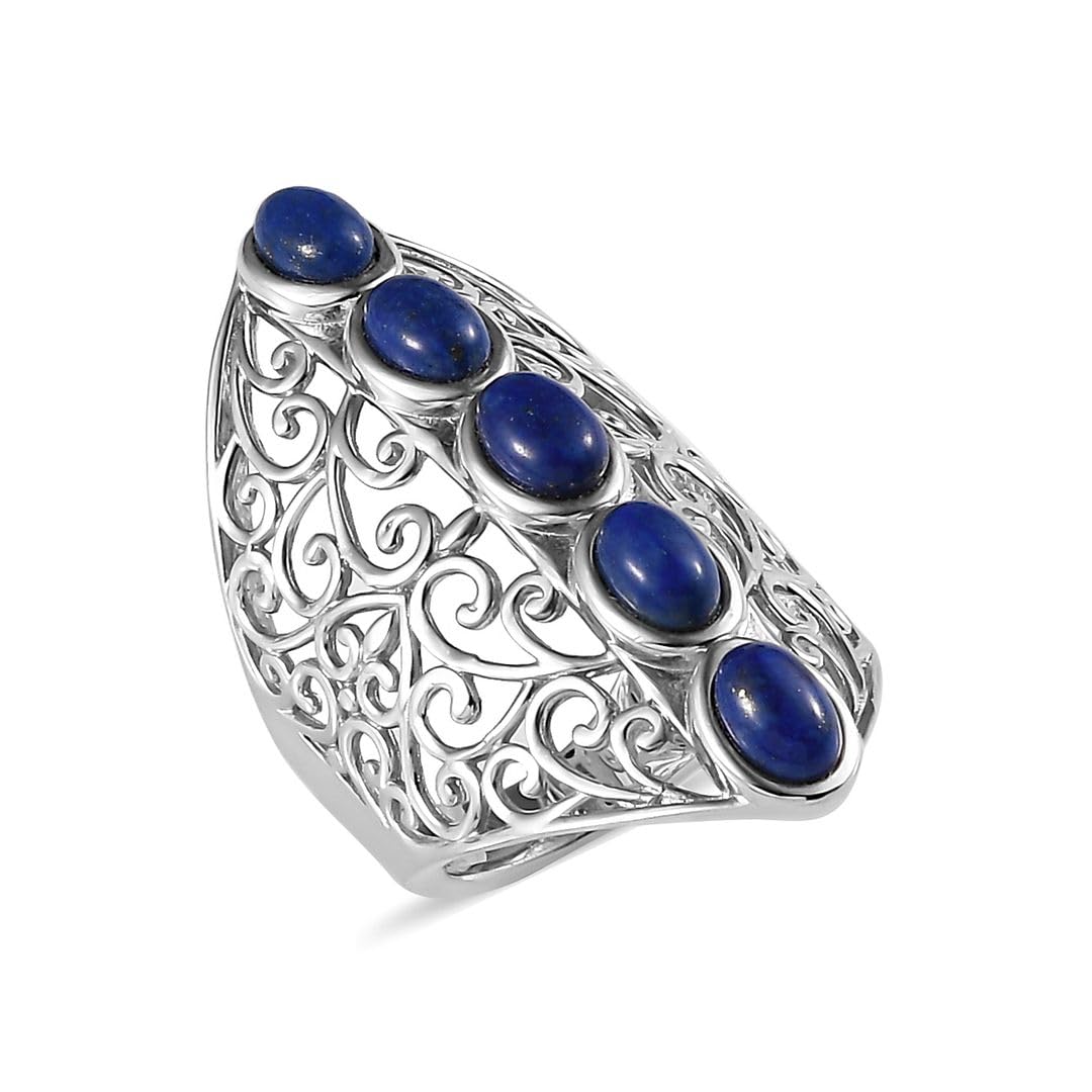 Platinum Plated 5 Stone Lapis Lazuli Ring for Womens Openwork - Statement Jewelry Engagement Rings Her Anniversary Blue Lapis Lazuli Jewelry - Birthday Anniversary Engagement Gifts for Womens