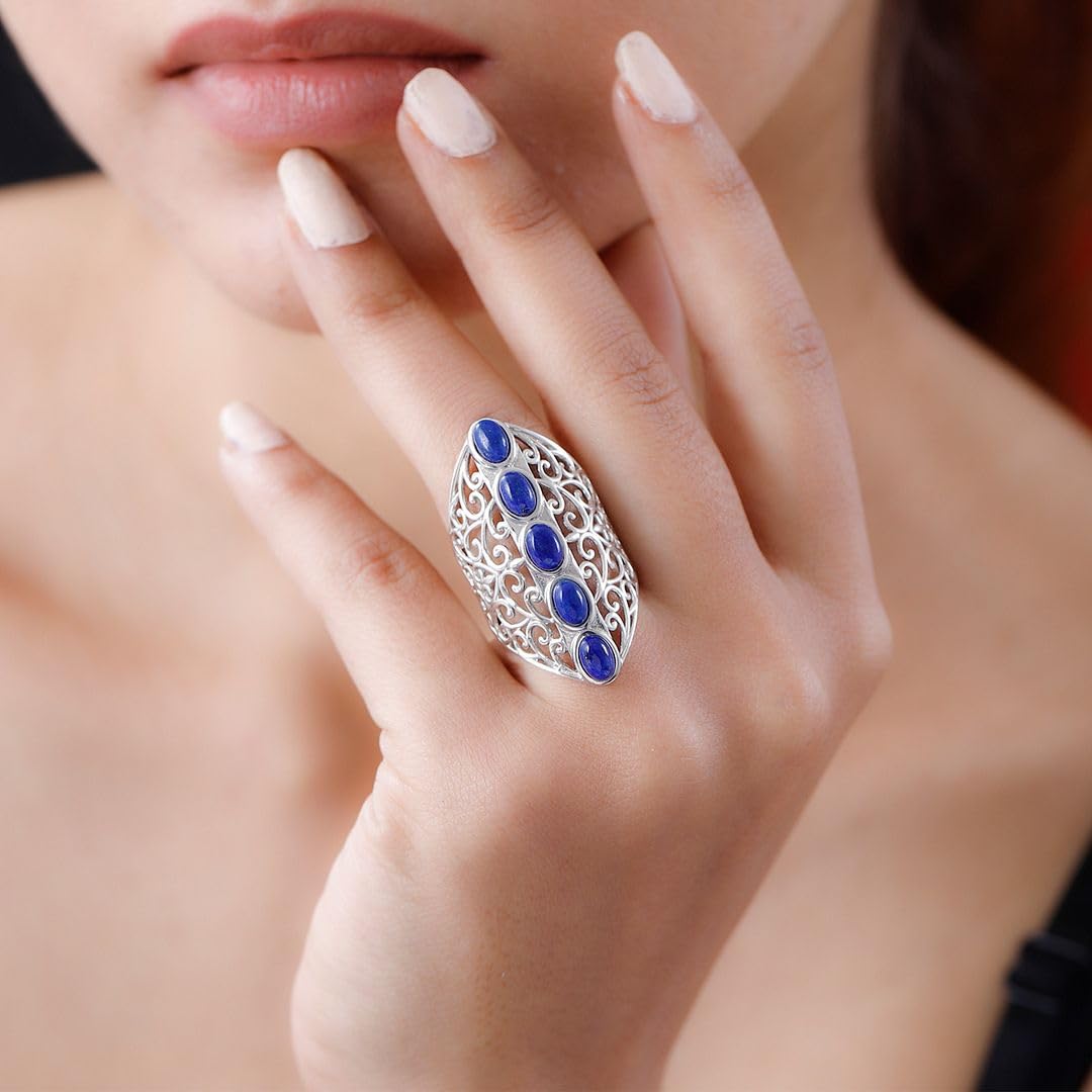 Platinum Plated 5 Stone Lapis Lazuli Ring for Womens Openwork - Statement Jewelry Engagement Rings Her Anniversary Blue Lapis Lazuli Jewelry - Birthday Anniversary Engagement Gifts for Womens - Image 2