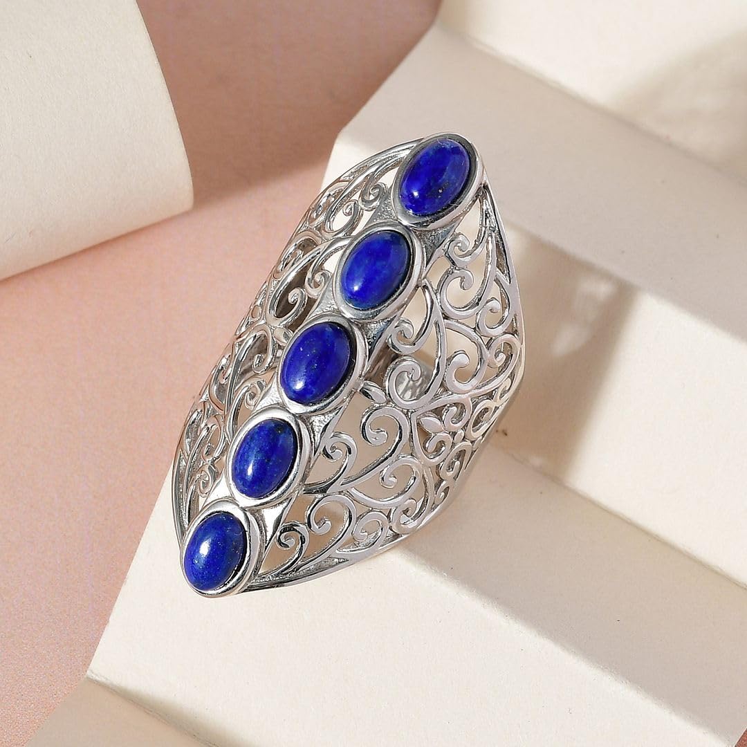 Platinum Plated 5 Stone Lapis Lazuli Ring for Womens Openwork - Statement Jewelry Engagement Rings Her Anniversary Blue Lapis Lazuli Jewelry - Birthday Anniversary Engagement Gifts for Womens - Image 3