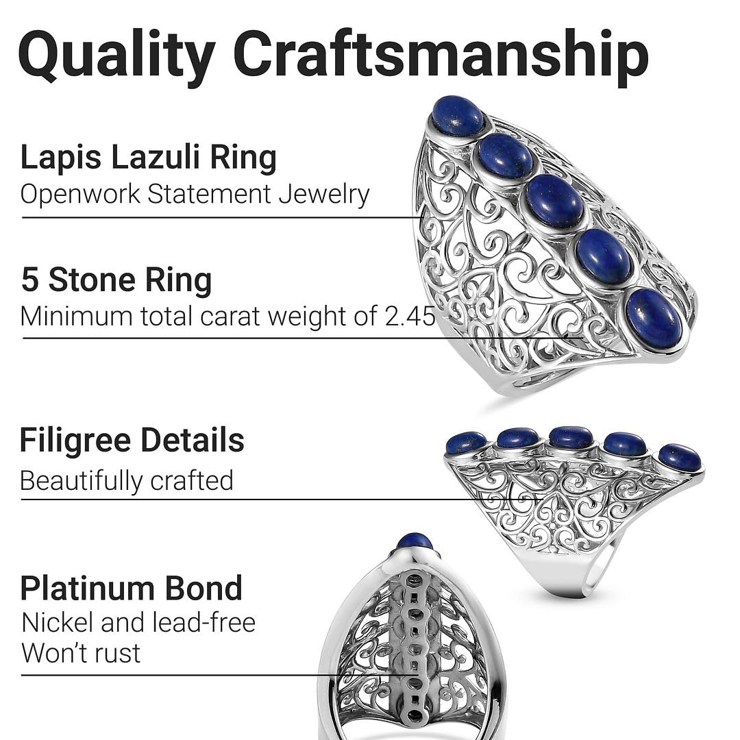 Platinum Plated 5 Stone Lapis Lazuli Ring for Womens Openwork - Statement Jewelry Engagement Rings Her Anniversary Blue Lapis Lazuli Jewelry - Birthday Anniversary Engagement Gifts for Womens - Image 4