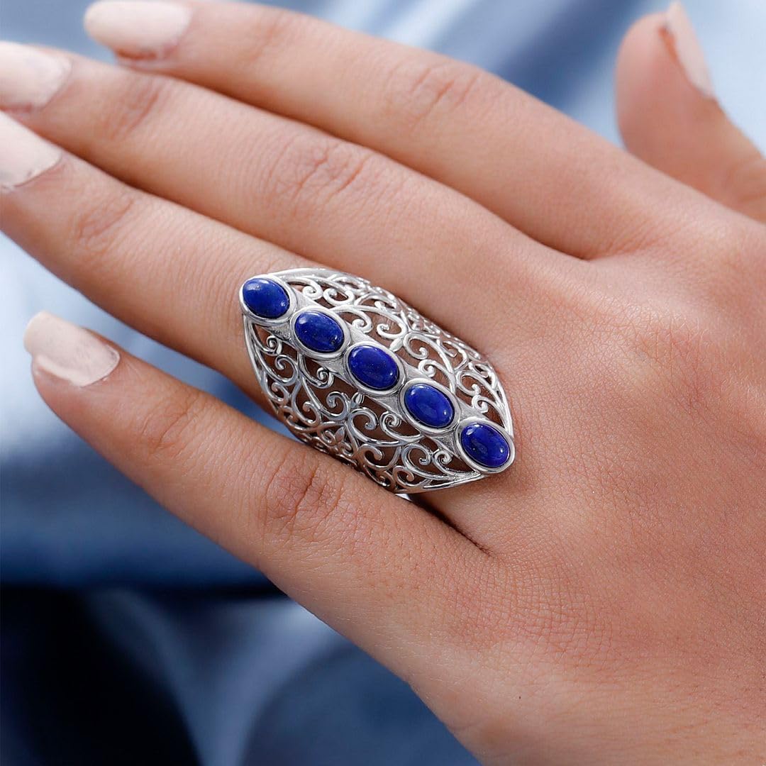 Platinum Plated 5 Stone Lapis Lazuli Ring for Womens Openwork - Statement Jewelry Engagement Rings Her Anniversary Blue Lapis Lazuli Jewelry - Birthday Anniversary Engagement Gifts for Womens - Image 5