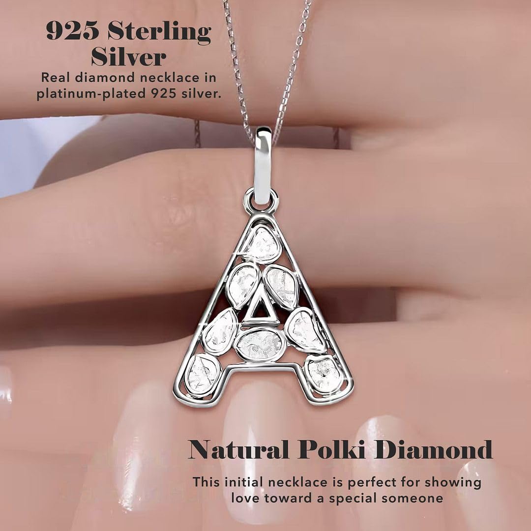 Polki Diamond Initial Necklaces for Women in 925 Sterling Silver Platinum Plated - Size 20" A-Z Letter Necklace I4 Clarity Jewelry - Anniversary Wedding Engagement Christmas Gifts - Image 4