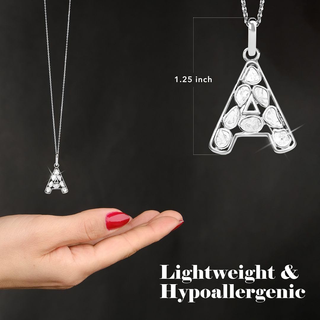 Polki Diamond Initial Necklaces for Women in 925 Sterling Silver Platinum Plated - Size 20" A-Z Letter Necklace I4 Clarity Jewelry - Anniversary Wedding Engagement Christmas Gifts - Image 5
