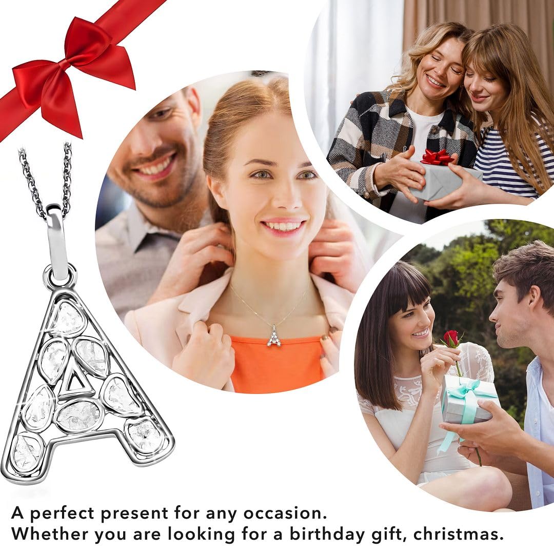 Polki Diamond Initial Necklaces for Women in 925 Sterling Silver Platinum Plated - Size 20" A-Z Letter Necklace I4 Clarity Jewelry - Anniversary Wedding Engagement Christmas Gifts - Image 6