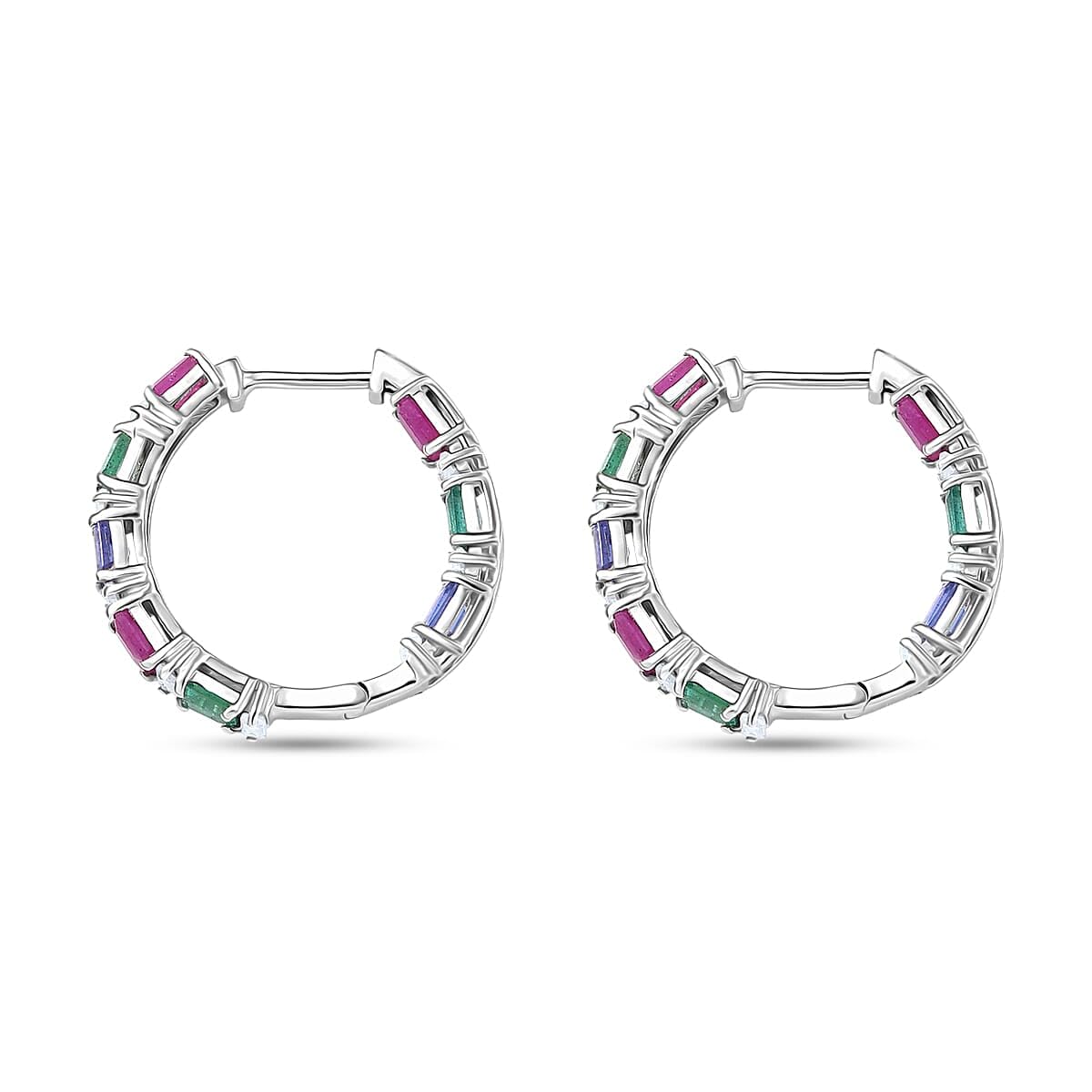 Premium Emerald and Multi Gemstone 4.50 ctw Floral Vine Hoop Earrings in Rhodium Over Sterling Silver Christmas Gifts - Image 3