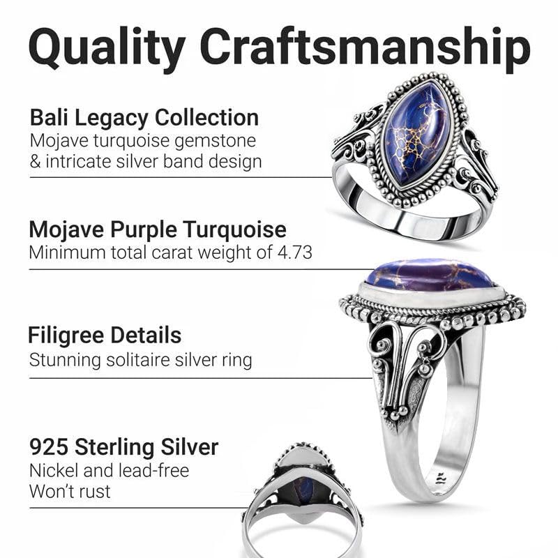 Purple Blue Turquoise Rings for Women in 925 Sterling Silver - Band Boho Beachy Western Turquoise Jewelry - Vintage Promise Rings for Her Cute - Anniversary Birthday Christmas Gifts for Womens - Image 5