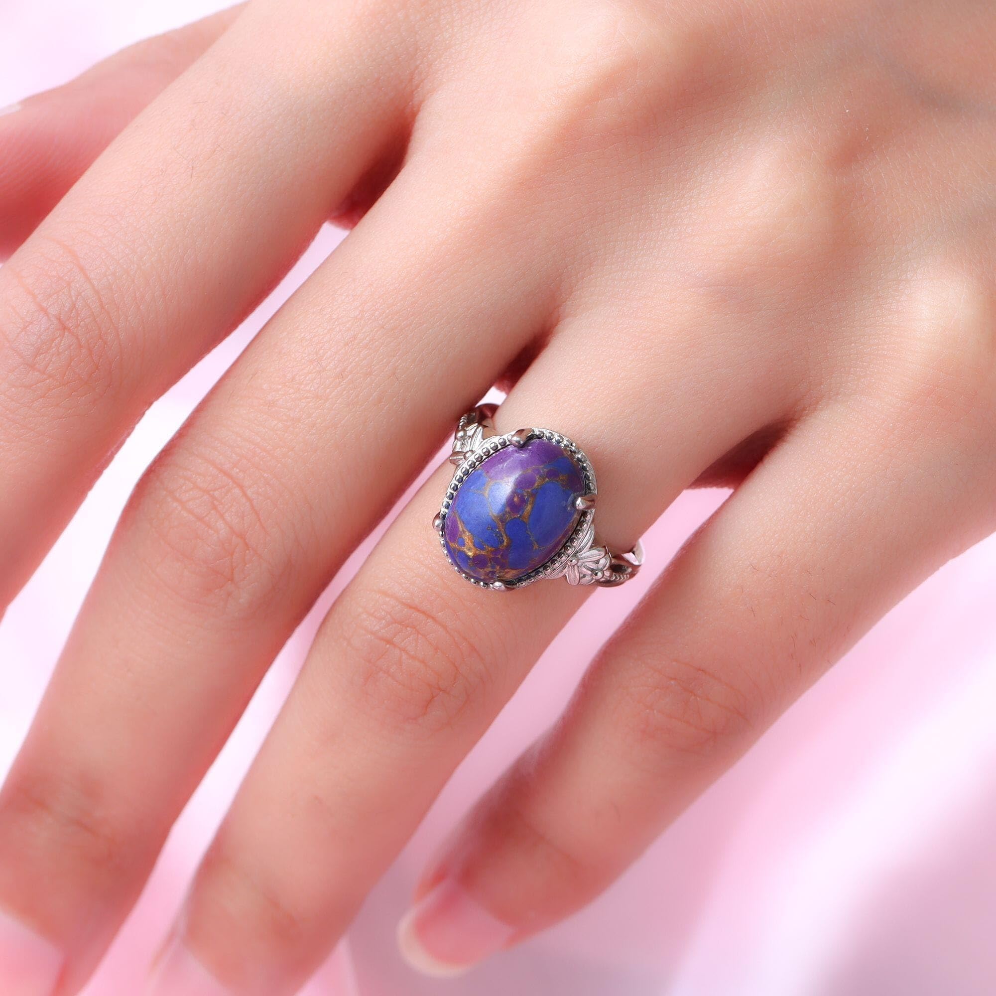 Purple Turquoise Ring Boho Western Solitaire Turquoise Rings for Women - Platinum Plated Statement Jewelry Promise Rings - Engagement, Wedding, Anniversary - Birthday Christmas Gifts for Women - Image 3