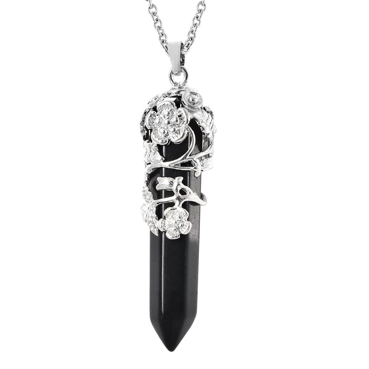 Real Natural Black Obsidian Necklace for Women 24" with Lobster Clasp - Healing Crystal Necklaces for Women with Flower Wrapped Black Obsidian Pendant Jewelry Mothers Day Christmas Gifts