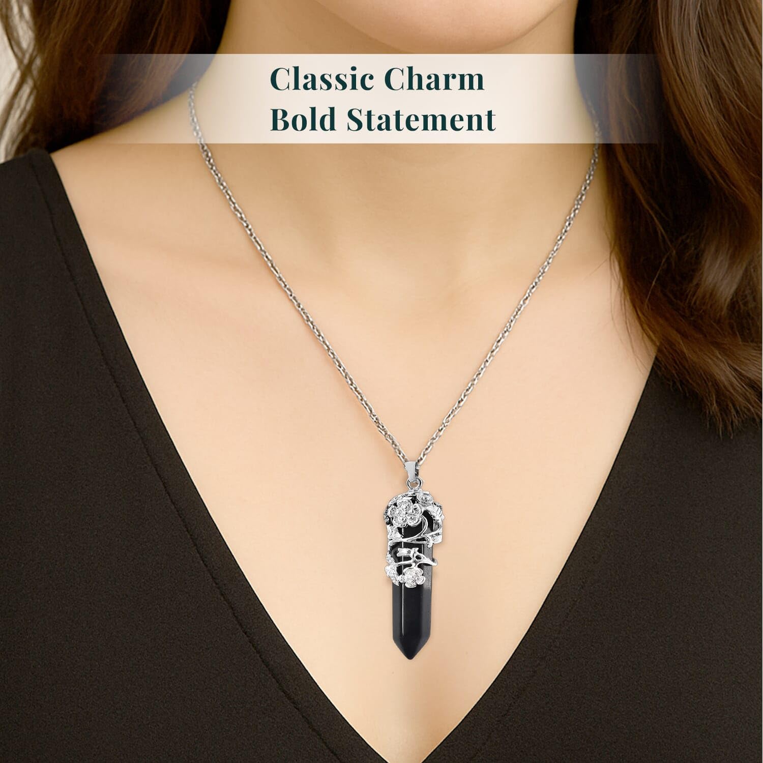 Real Natural Black Obsidian Necklace for Women 24" with Lobster Clasp - Healing Crystal Necklaces for Women with Flower Wrapped Black Obsidian Pendant Jewelry Mothers Day Christmas Gifts - Image 2