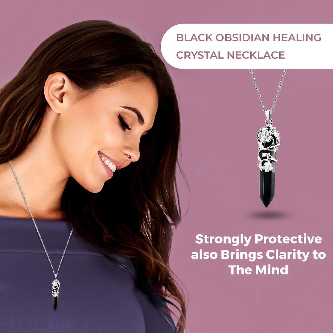 Real Natural Black Obsidian Necklace for Women 24" with Lobster Clasp - Healing Crystal Necklaces for Women with Flower Wrapped Black Obsidian Pendant Jewelry Mothers Day Christmas Gifts - Image 3