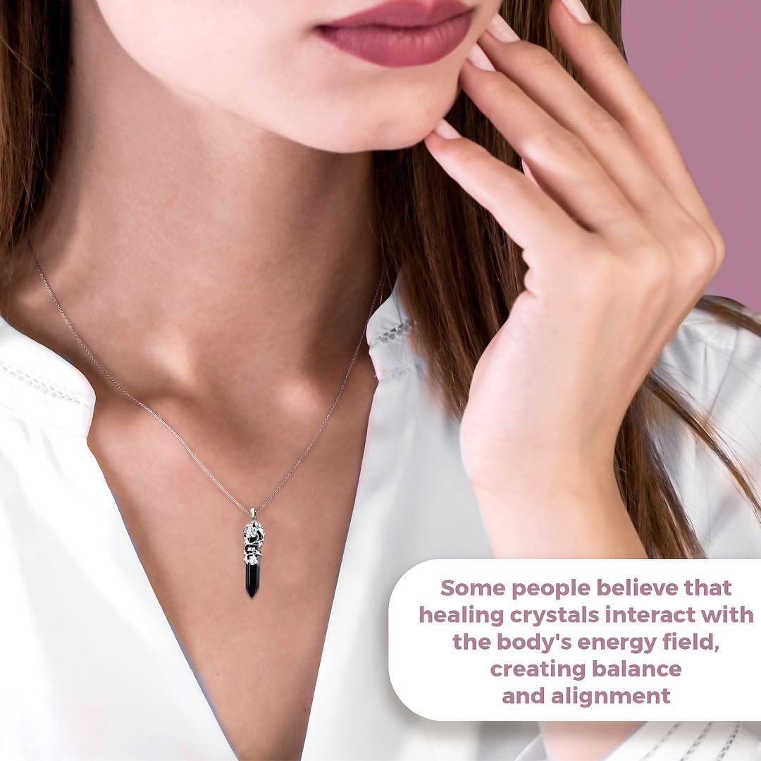 Real Natural Black Obsidian Necklace for Women 24" with Lobster Clasp - Healing Crystal Necklaces for Women with Flower Wrapped Black Obsidian Pendant Jewelry Mothers Day Christmas Gifts - Image 4
