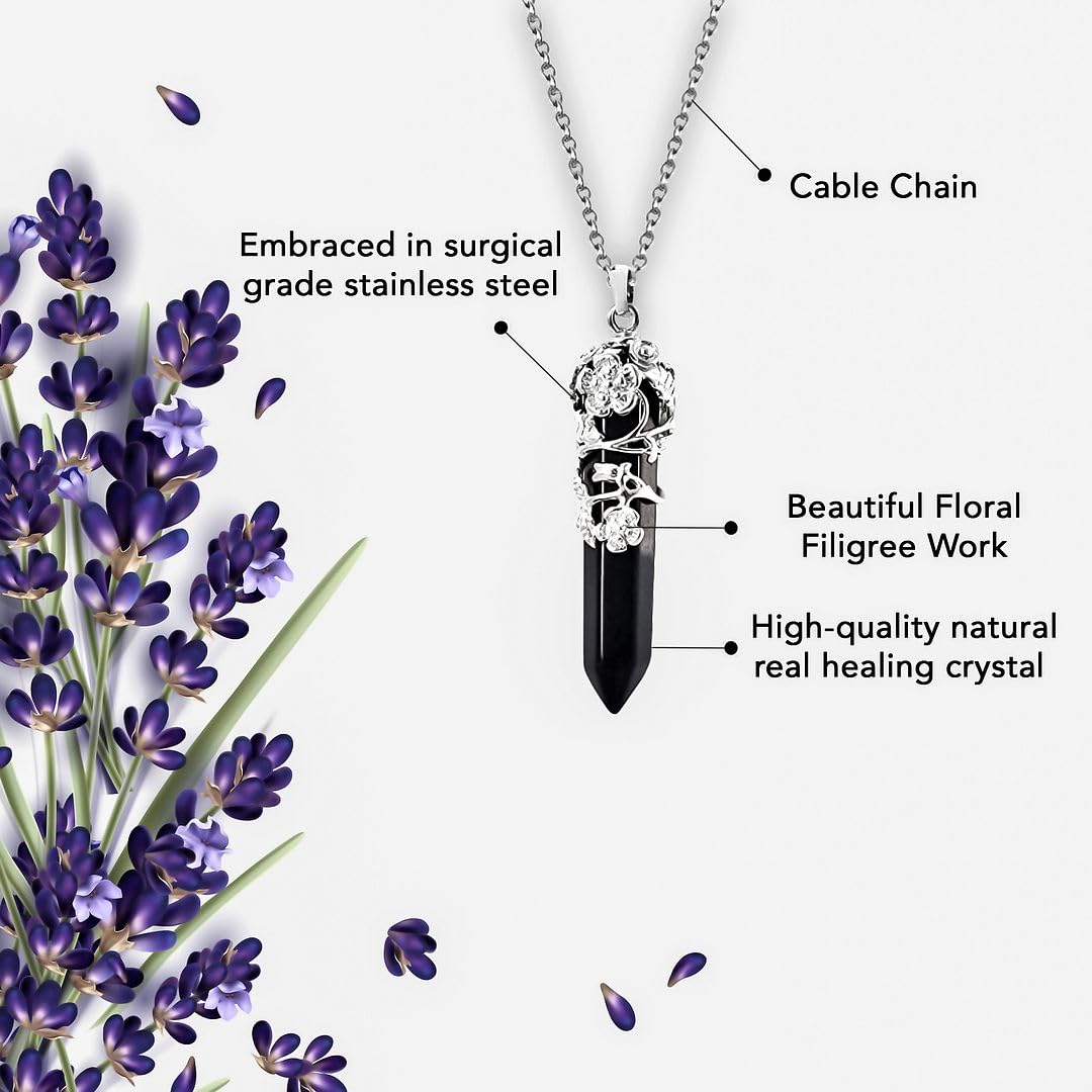 Real Natural Black Obsidian Necklace for Women 24" with Lobster Clasp - Healing Crystal Necklaces for Women with Flower Wrapped Black Obsidian Pendant Jewelry Mothers Day Christmas Gifts - Image 5