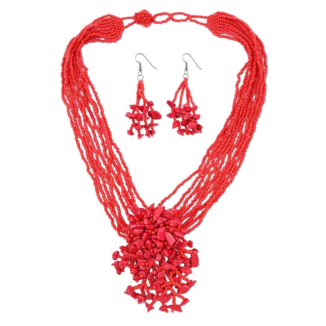 Red Beaded Jewelry Sets for Women - Beach Necklace and Earring Set Costume Jewelry for Women - Bead Necklace Set Boho Western Boho Beach Jewelry - Birthday Anniversary Christmas Gifts for Womens