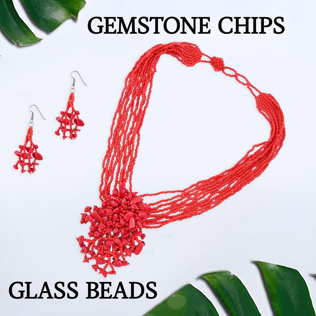 Red Beaded Jewelry Sets for Women - Beach Necklace and Earring Set Costume Jewelry for Women - Bead Necklace Set Boho Western Boho Beach Jewelry - Birthday Anniversary Christmas Gifts for Womens - Image 3