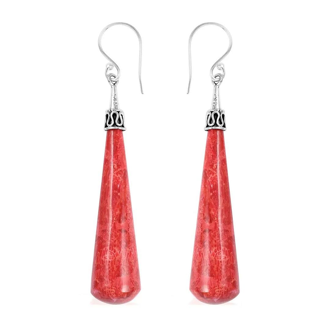 Red Coral Dangle Earrings for Women in 925 Sterling Silver - Dangling Drop Coral Earrings Handmade Birthstone Vintage Boho Jewelry Birthday Gifts for Women