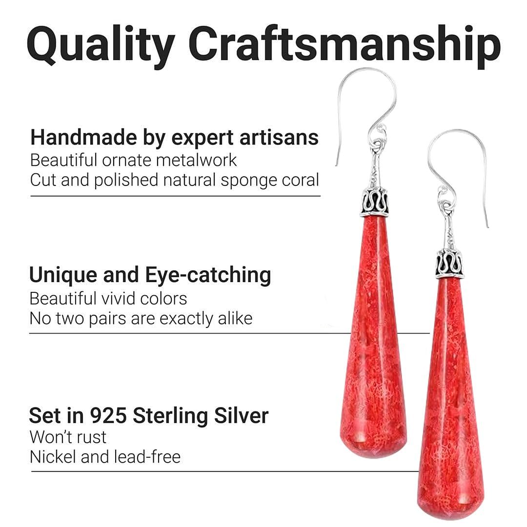 Red Coral Dangle Earrings for Women in 925 Sterling Silver - Dangling Drop Coral Earrings Handmade Birthstone Vintage Boho Jewelry Birthday Gifts for Women - Image 3