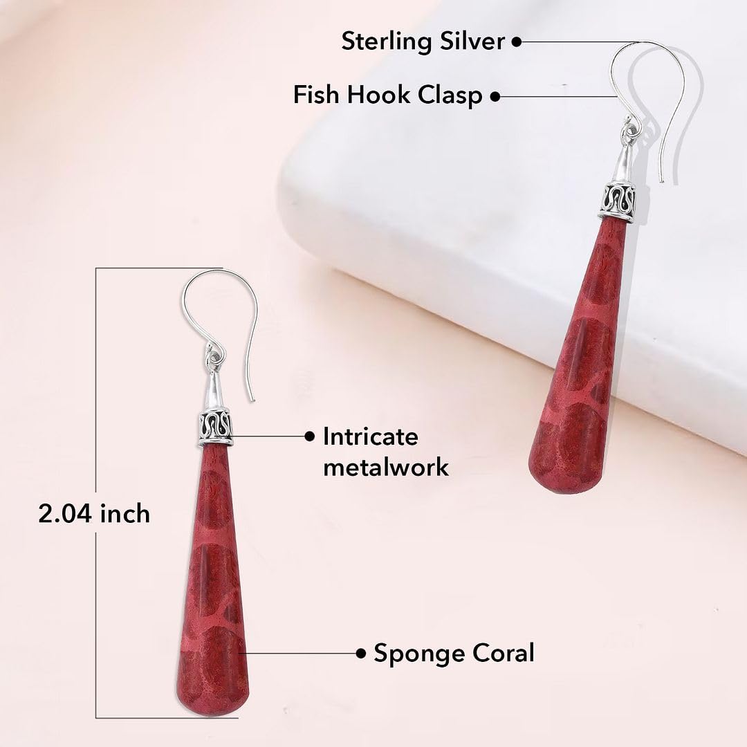 Red Coral Dangle Earrings for Women in 925 Sterling Silver - Dangling Drop Coral Earrings Handmade Birthstone Vintage Boho Jewelry Birthday Gifts for Women - Image 3