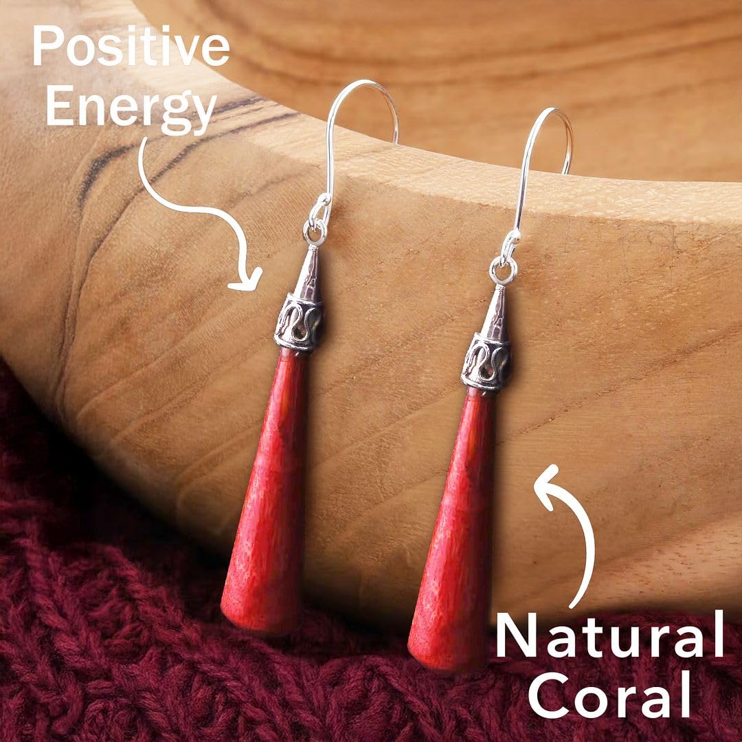 Red Coral Dangle Earrings for Women in 925 Sterling Silver - Dangling Drop Coral Earrings Handmade Birthstone Vintage Boho Jewelry Birthday Gifts for Women - Image 4