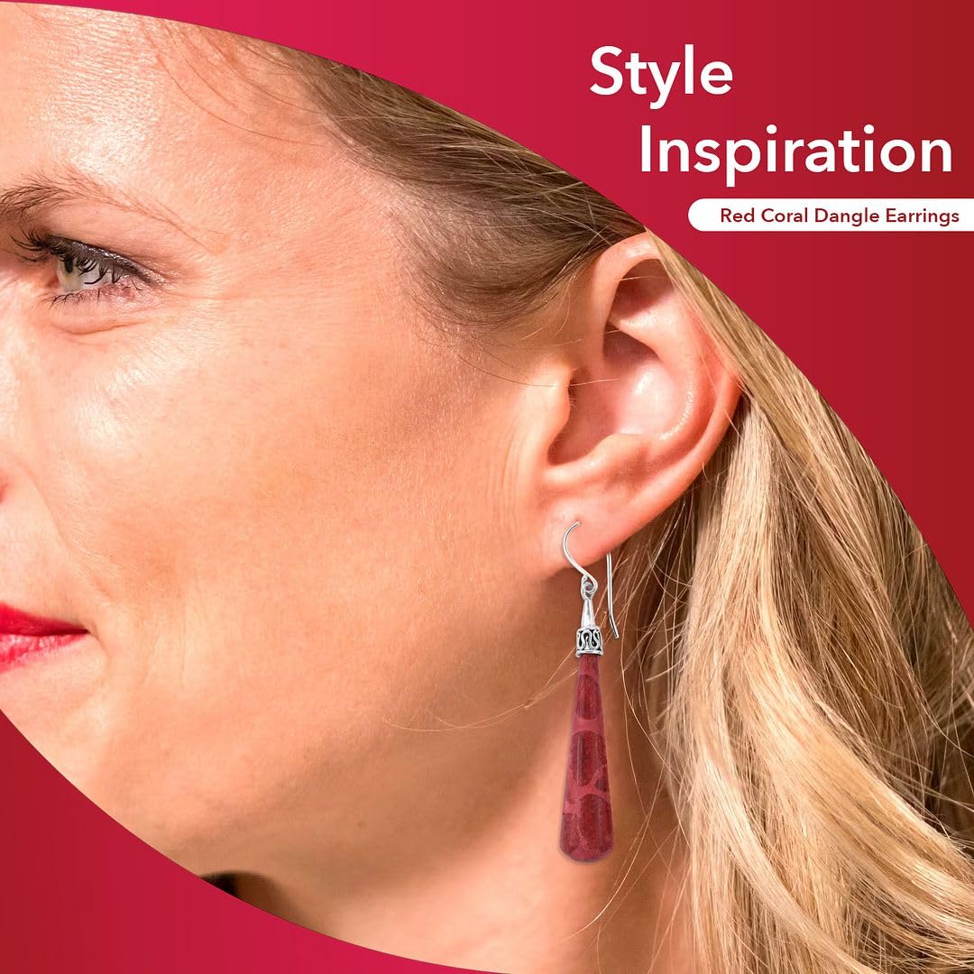Red Coral Dangle Earrings for Women in 925 Sterling Silver - Dangling Drop Coral Earrings Handmade Birthstone Vintage Boho Jewelry Birthday Gifts for Women - Image 5