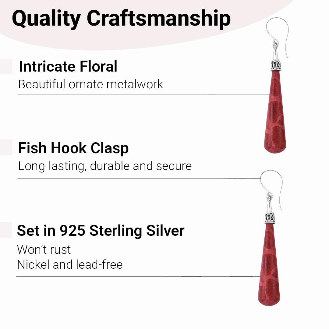 Red Coral Dangle Earrings for Women in 925 Sterling Silver - Dangling Drop Coral Earrings Handmade Birthstone Vintage Boho Jewelry Birthday Gifts for Women - Image 6