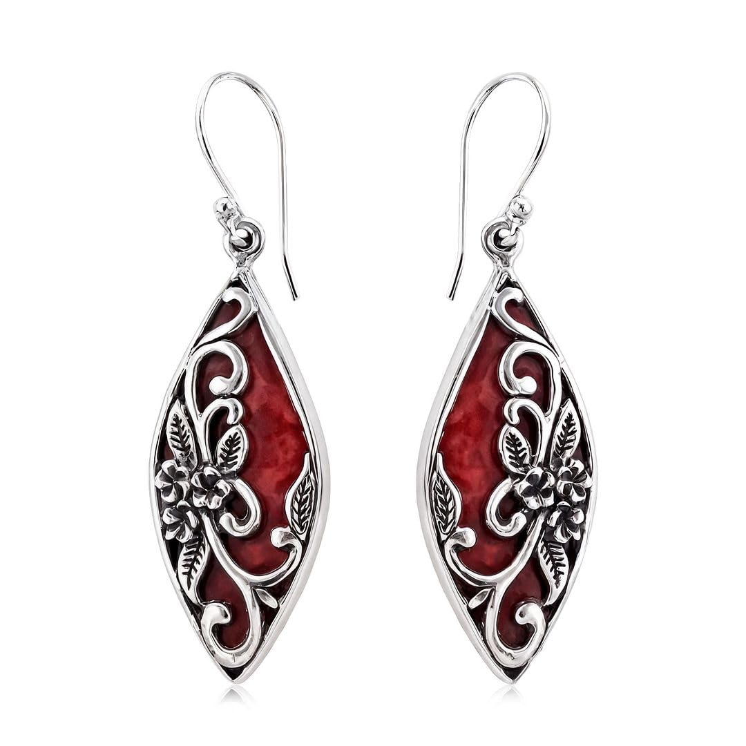 Red Coral Dangle Earrings for Women in 925 Sterling Silver - Dangling Drop Coral Earrings Handmade Birthstone Vintage Boho Jewelry Birthday Gifts for Women