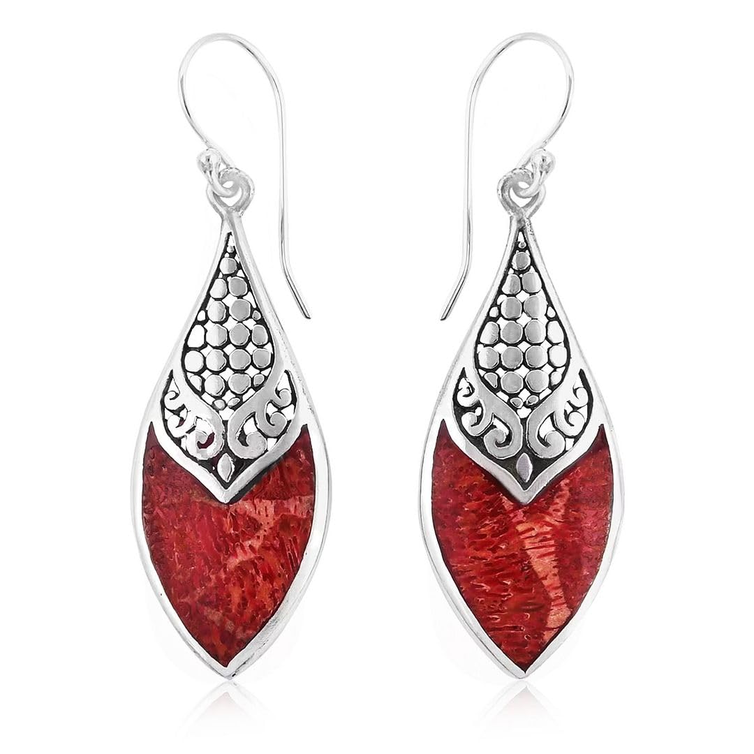 Red Coral Dangle Earrings for Women in 925 Sterling Silver - Dangling Drop Coral Earrings Handmade Birthstone Vintage Boho Jewelry Birthday Gifts for Women