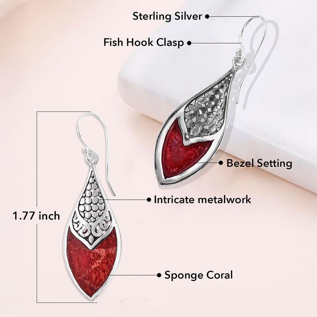 Red Coral Dangle Earrings for Women in 925 Sterling Silver - Dangling Drop Coral Earrings Handmade Birthstone Vintage Boho Jewelry Birthday Gifts for Women - Image 3