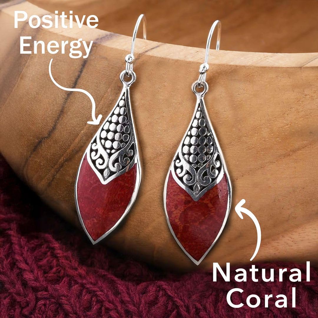 Red Coral Dangle Earrings for Women in 925 Sterling Silver - Dangling Drop Coral Earrings Handmade Birthstone Vintage Boho Jewelry Birthday Gifts for Women - Image 4