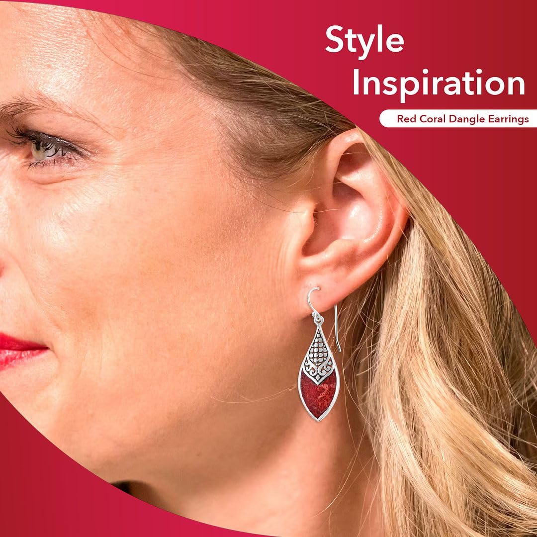 Red Coral Dangle Earrings for Women in 925 Sterling Silver - Dangling Drop Coral Earrings Handmade Birthstone Vintage Boho Jewelry Birthday Gifts for Women - Image 5