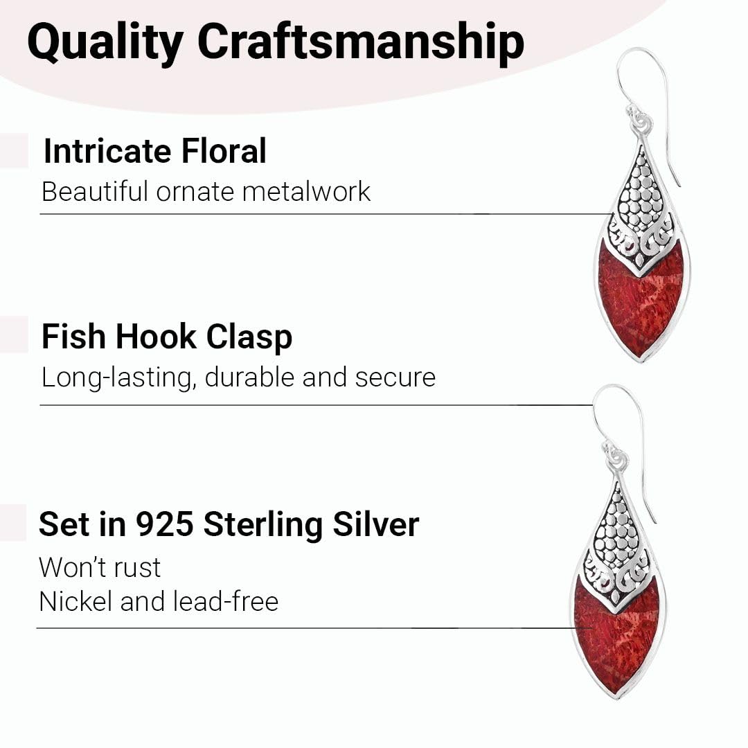 Red Coral Dangle Earrings for Women in 925 Sterling Silver - Dangling Drop Coral Earrings Handmade Birthstone Vintage Boho Jewelry Birthday Gifts for Women - Image 6