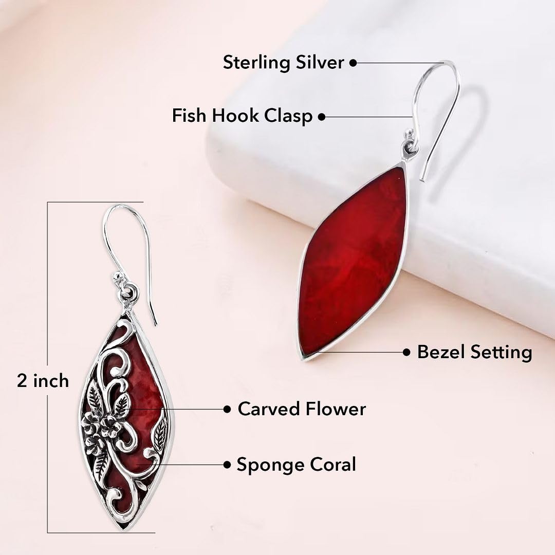 Red Coral Dangle Earrings for Women in 925 Sterling Silver - Dangling Drop Coral Earrings Handmade Birthstone Vintage Boho Jewelry Birthday Gifts for Women - Image 3
