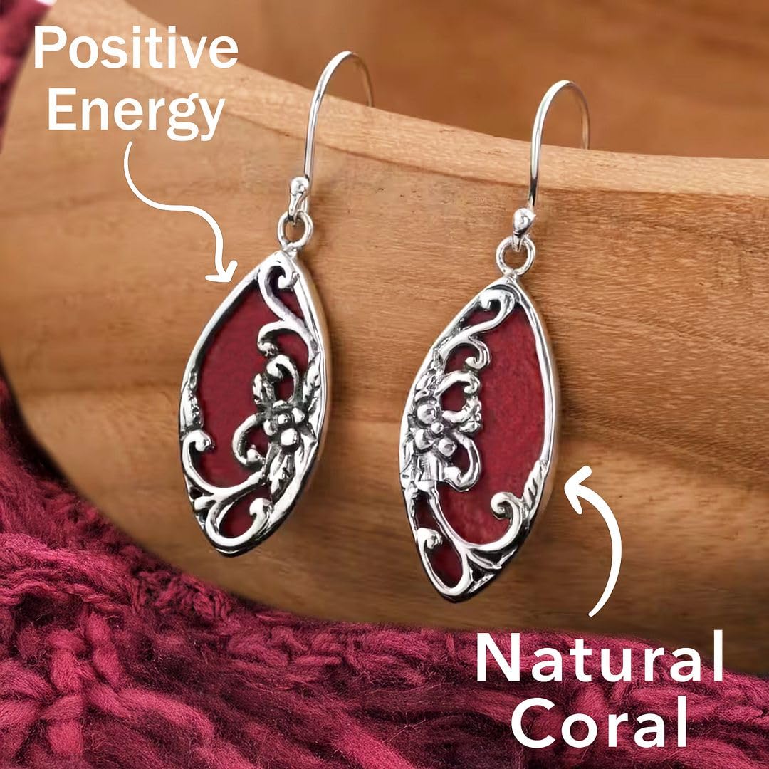 Red Coral Dangle Earrings for Women in 925 Sterling Silver - Dangling Drop Coral Earrings Handmade Birthstone Vintage Boho Jewelry Birthday Gifts for Women - Image 4