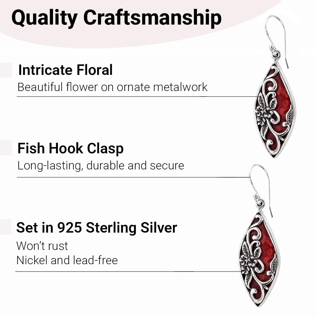 Red Coral Dangle Earrings for Women in 925 Sterling Silver - Dangling Drop Coral Earrings Handmade Birthstone Vintage Boho Jewelry Birthday Gifts for Women - Image 6