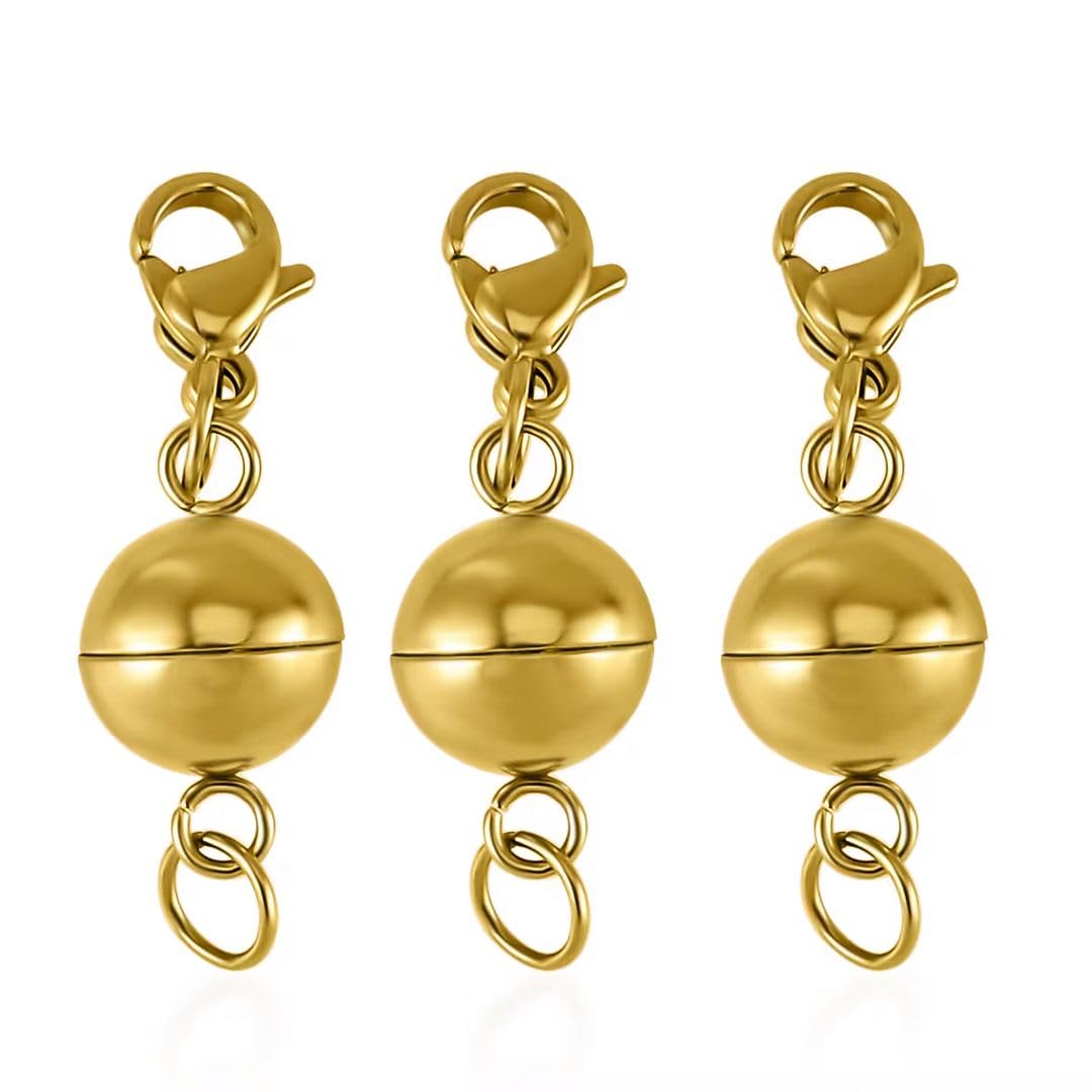 Set of 3 Magnetic Clasps for Necklaces - ION Plated Yellow Gold Stainless Steel Magnetic Necklace Clasp Jewelry Lock - Lobster Claw Clasps Birthday Christmas Gifts for Women