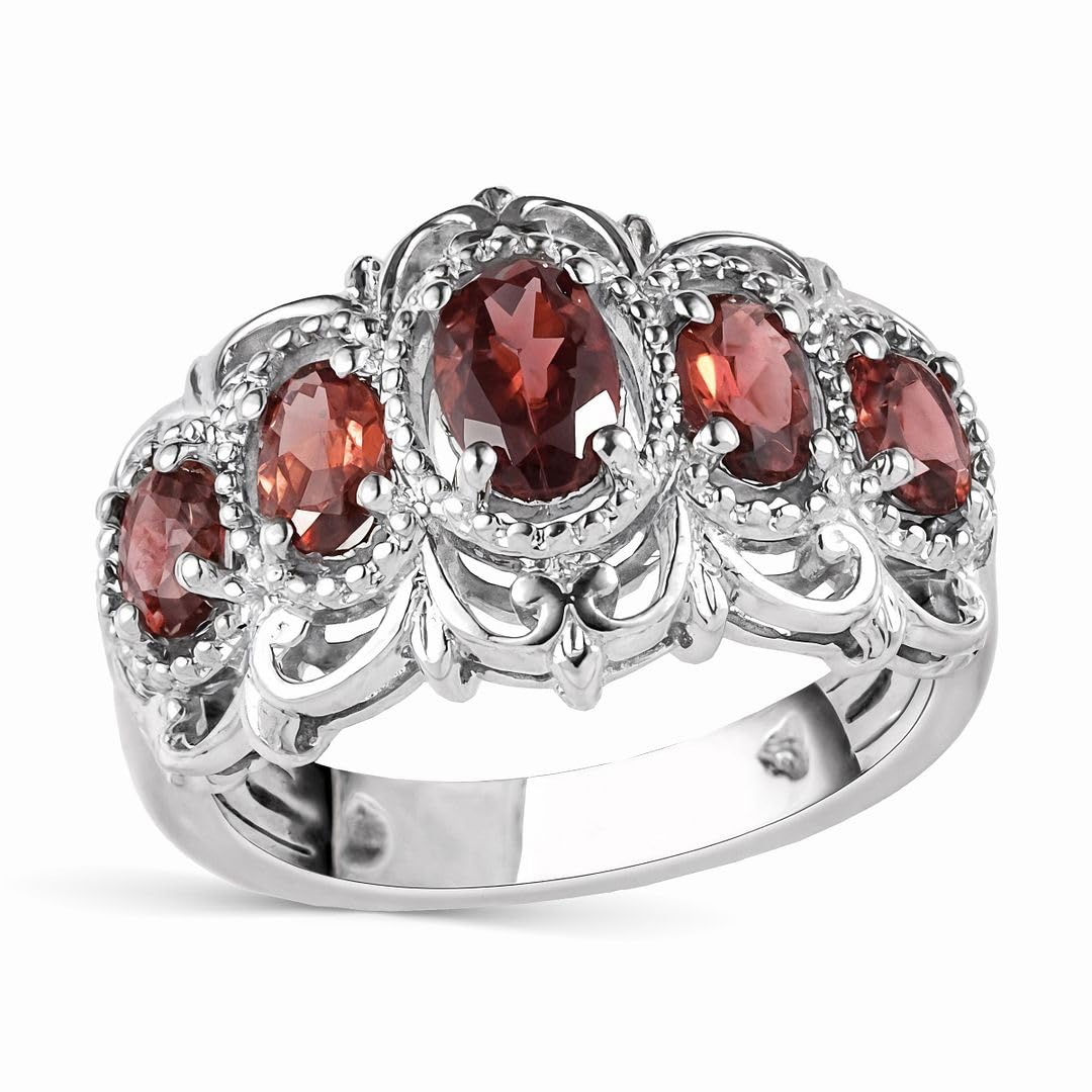 Shop LC 5 Stone Garnet Rings for Women in Platinum Plating - January Birthstone Promise Ring Engagement Rings for Women Garnet Jewelry Gifts