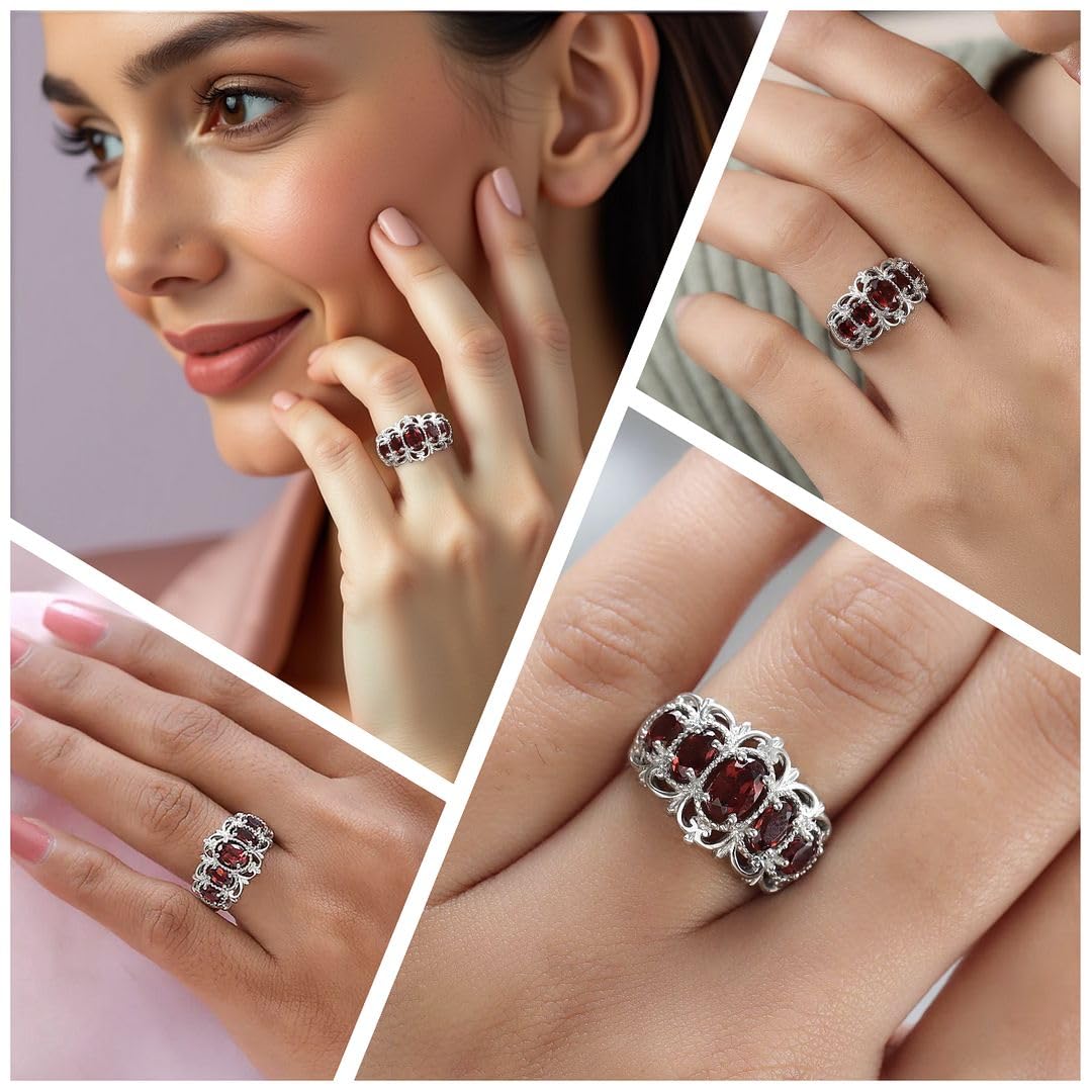 Shop LC 5 Stone Garnet Rings for Women in Platinum Plating - January Birthstone Promise Ring Engagement Rings for Women Garnet Jewelry Gifts - Image 2