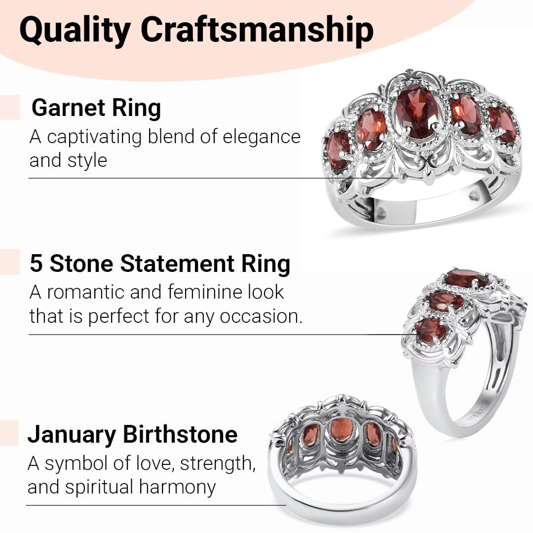 Shop LC 5 Stone Garnet Rings for Women in Platinum Plating - January Birthstone Promise Ring Engagement Rings for Women Garnet Jewelry Gifts - Image 3