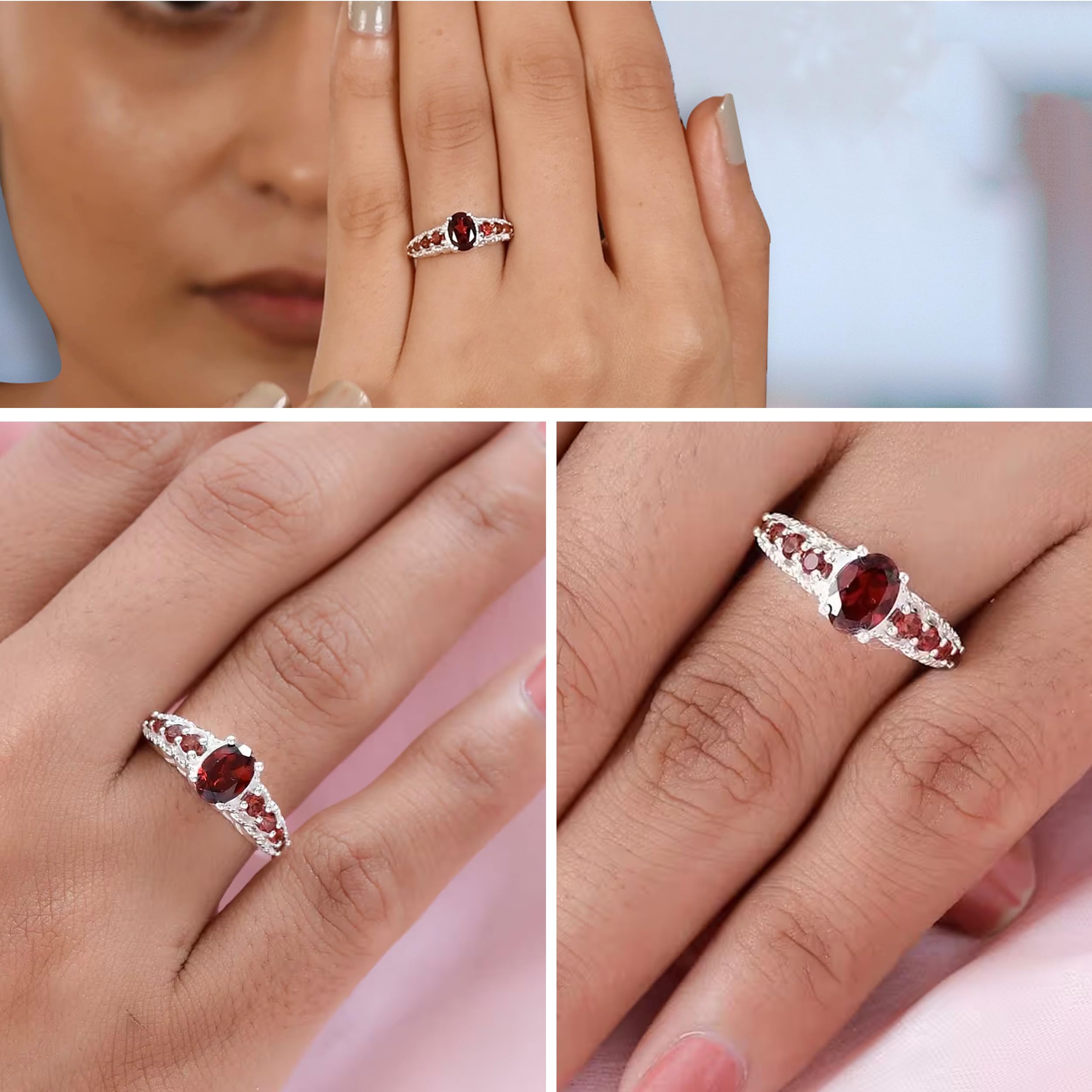 Shop LC 9 Stone Garnet Ring for Women in 925 Sterling Silver - January Birthstone Promise Rings Vintage Cute Gemstones Red Garnet Jewelry Anniversary Engagement Gifts for Womens - Image 2