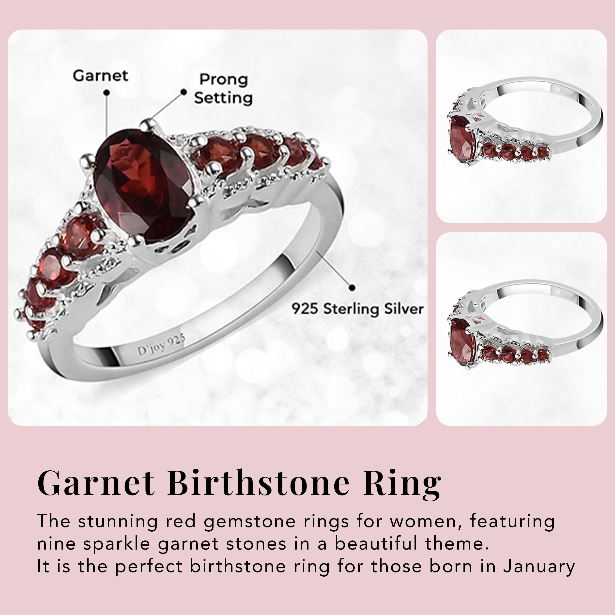 Shop LC 9 Stone Garnet Ring for Women in 925 Sterling Silver - January Birthstone Promise Rings Vintage Cute Gemstones Red Garnet Jewelry Anniversary Engagement Gifts for Womens - Image 3