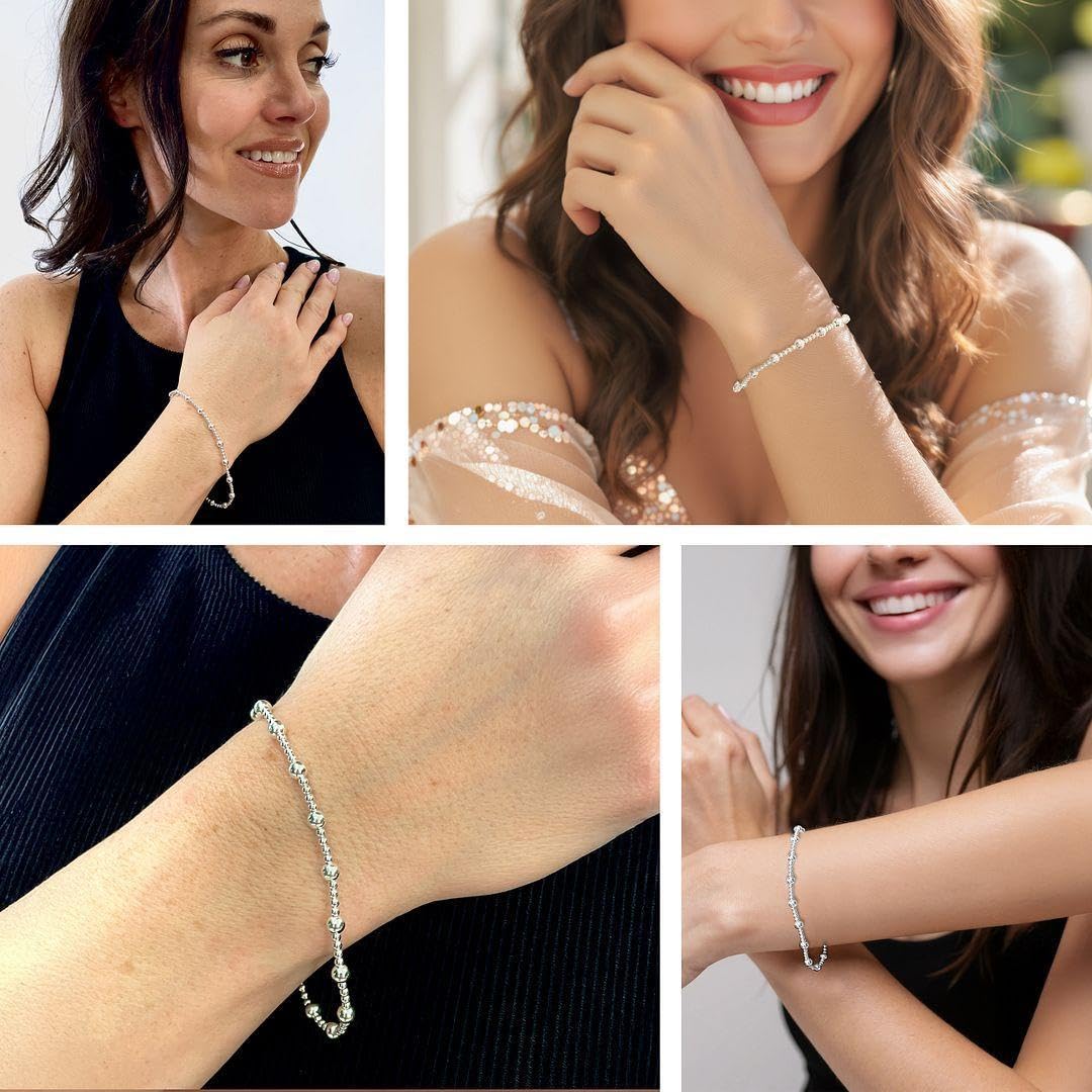 SHOP LC 925 Sterling Silver Bracelets for Women - Stretch Bead Chain Bracelet - Exudes Beauty And Elegance Beaded Charm Jewelry - 7.5 Inches - Image 2