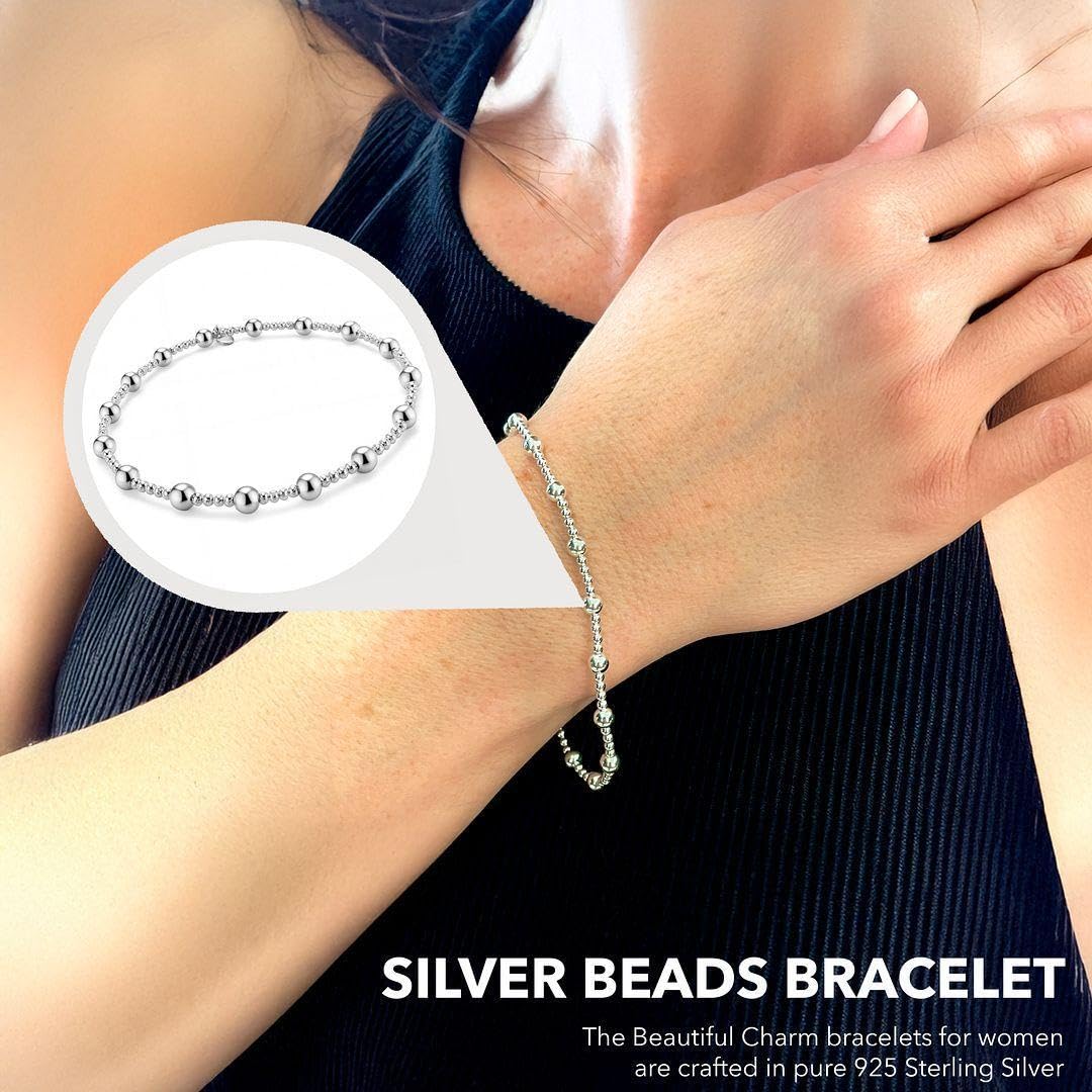 SHOP LC 925 Sterling Silver Bracelets for Women - Stretch Bead Chain Bracelet - Exudes Beauty And Elegance Beaded Charm Jewelry - 7.5 Inches - Image 4