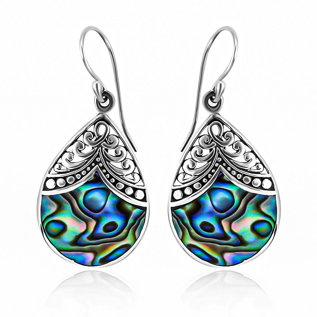SHOP LC Abalone Shell Dangle Earrings for Women in 925 Sterling Silver - Fashionable Summer Beach Abalone Earrings - Statement Boho Jewelry Gifts