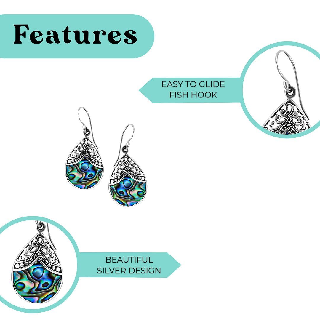 SHOP LC Abalone Shell Dangle Earrings for Women in 925 Sterling Silver - Fashionable Summer Beach Abalone Earrings - Statement Boho Jewelry Gifts - Image 5