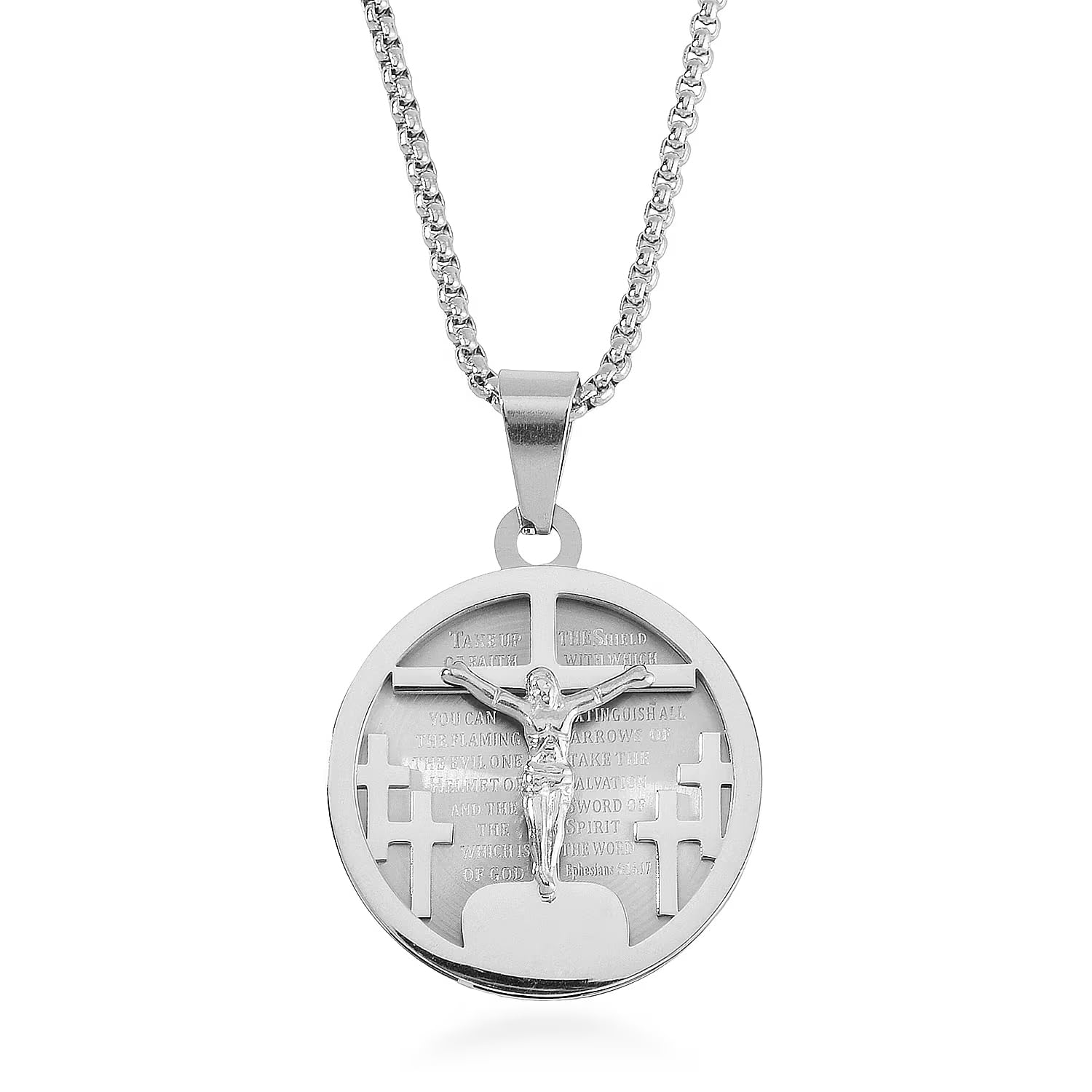 Shop LC Bible Cross Coin Men's Pendant Necklace 24 Inches in Stainless Steel