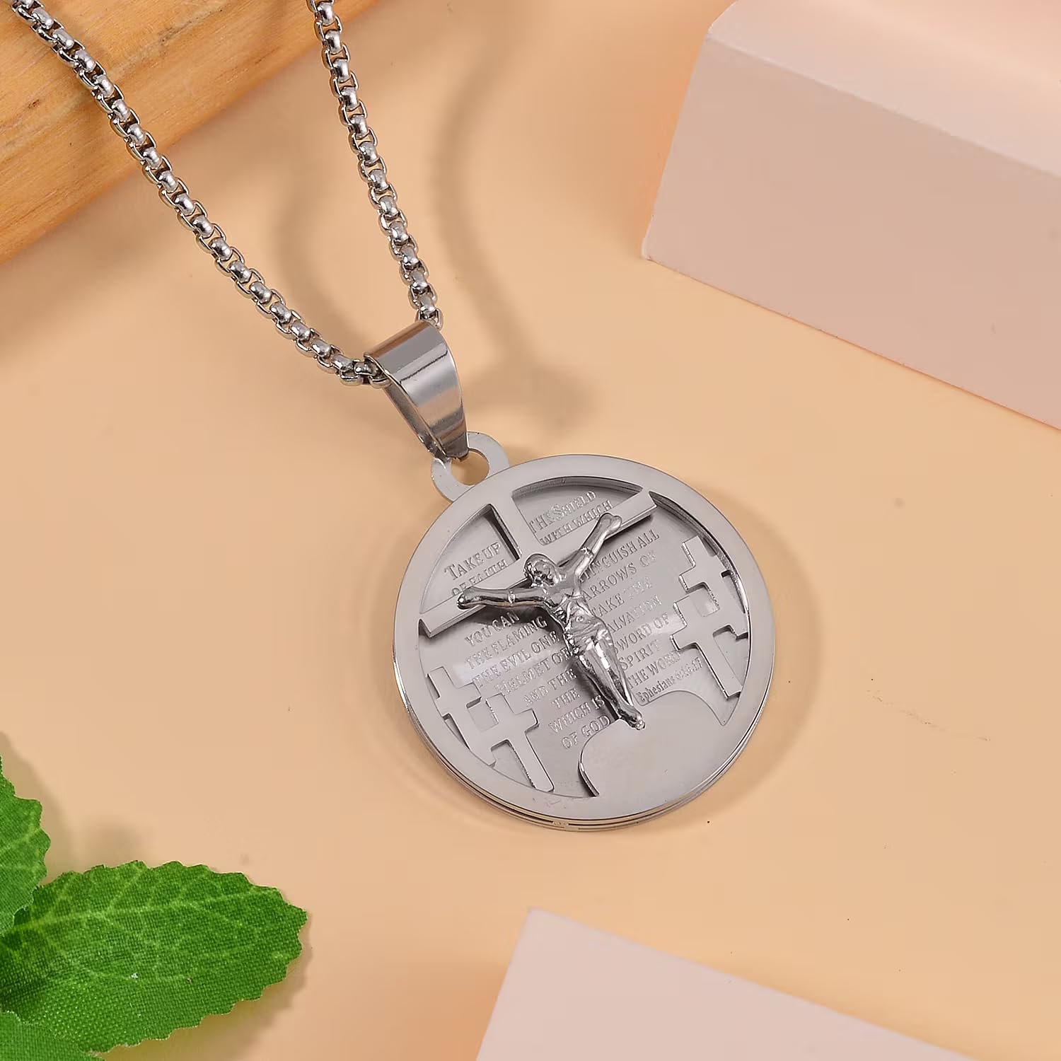 Shop LC Bible Cross Coin Men's Pendant Necklace 24 Inches in Stainless Steel - Image 2