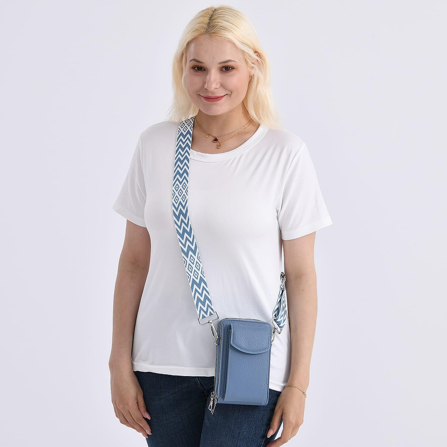 Shop LC Blue Litchi Embossed Faux Leather Crossbody Bag with Woven Shoulder Strap - Image 3