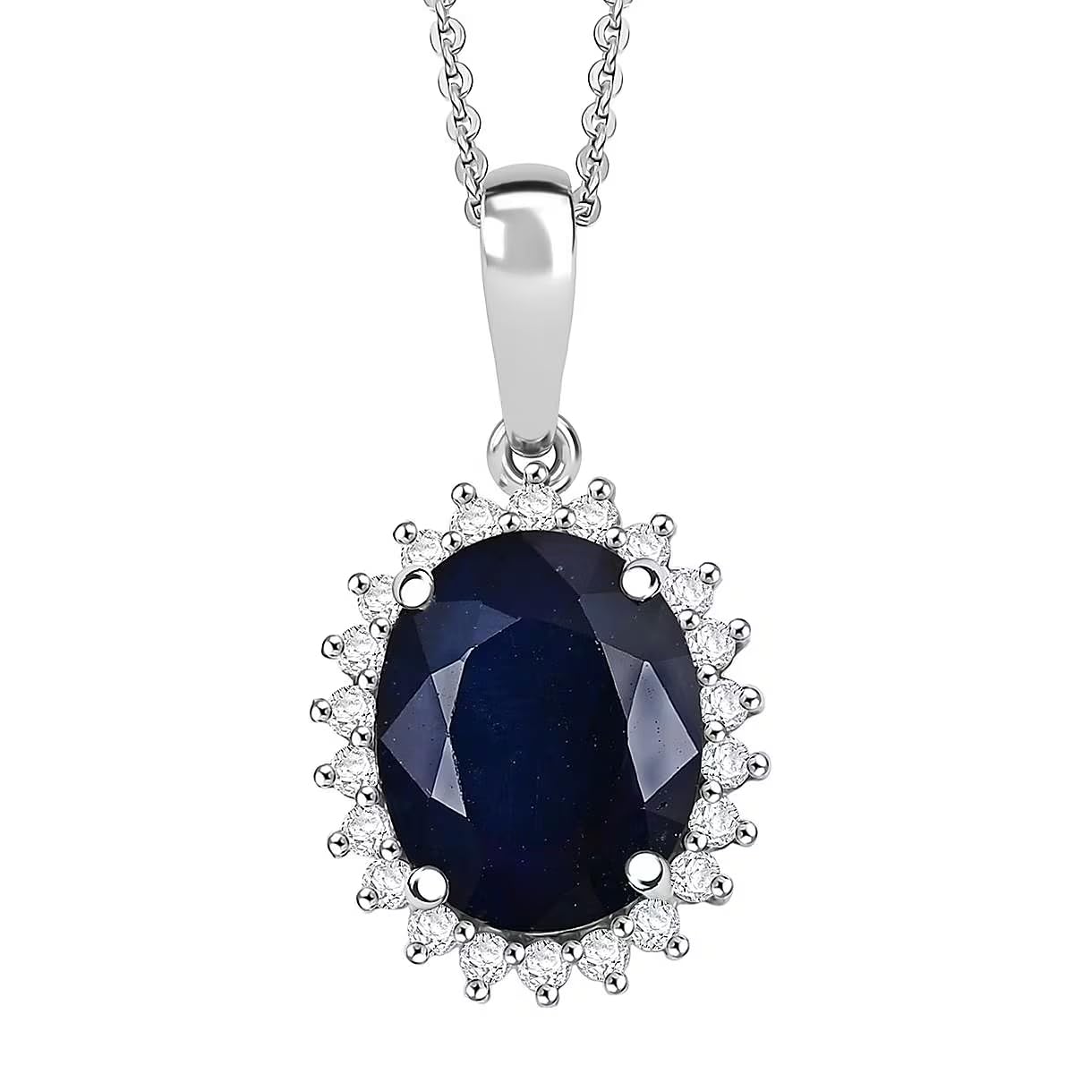 Shop LC Blue Sapphire DF and Moissanite 4.60 ctw Starlit Aura Pendant with Necklace 20 Inches in Rhodium Over Sterling Silver