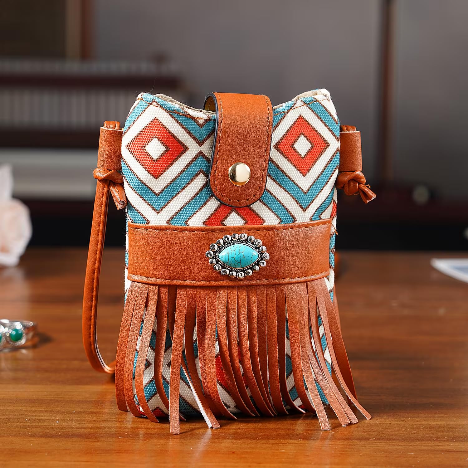 Shop LC Brown Faux Leather Rhombus Pattern Tassel Crossbody Bag with Shoulder Strap - Image 2
